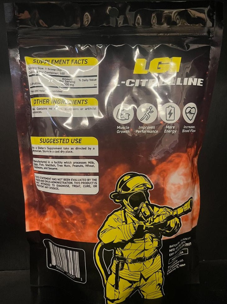 LGI L-Citrulline, 500 Grams Supplement Facts, Other ingredients and suggested use on the back of the bag