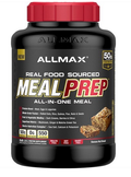 A container of Allmax Meal Prep, which is a real food sourced meal prep mix. The container is black with red and yellow text, and an image of the product, which consists of a mix-in powder, is visible through the transparent section of the container.