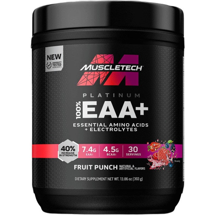 A container of MuscleTech Platinum 100% EAA+, which is a dietary supplement with essential amino acids and electrolytes, flavored like fruit punch.