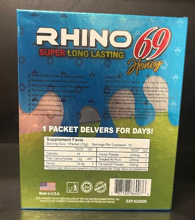 Rh1n0 69 Super Long Lasting Honey 12 Count Blue Box