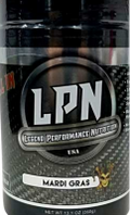A container of LPN branded 'All In' pre-workout supplement with the flavor Mardi Gras indicated. The container is black with white and gray text and features an illustration of a bee.