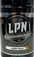 A container of LPN branded 'All In' pre-workout supplement with the flavor Mardi Gras indicated. The container is black with white and gray text and features an illustration of a bee.