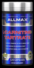 A bottle of Allmax L-Carnitine + Tartrte dietary supplement containing 120 capsules, with the product label featuring blue and red text on a patterned background.