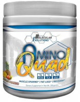 A container of Molecular Evolutions Amino Quad, a dietary supplement with various vitamins and minerals, marketed for muscle sparing and fat loss.