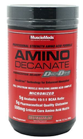 A container of MuscleMeds Amino Decanate, a professional strength amino acid formula with 500mg of micronized amino acids, 5g of glutamine, and a 10:1:1 BCAA ratio, featuring DecaDrive Technology.