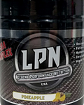 A container of LPN BCAA Complex supplement with the flavor Pineapple indicated, primarily in a black and yellow design.