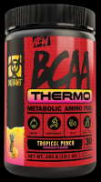 A container of Mutant BCAA Thermo, which is a metabolic amino acid fuel supplement. The container is black, red, and yellow with text and branding.