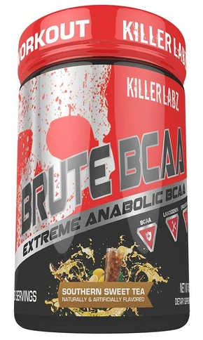 A container of Killer Labz Brute BCAA supplement with a predominantly red and black design, featuring text highlighting the product name and benefits such as 'Extreme Anabolic' and 'Southern Sweet Tea flavor'. The container also displays the brand's logo and mentions of other flavors.