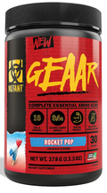 A container of Mutant GEAAR essential amino acids supplement with 'Rocket Pop' flavor indicated. The container is red with black and yellow text, and it is labeled as having 30 servings with various product features highlighted.