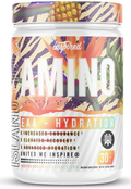 A container of Inspired: Amino EAA + Hydration supplement by Lucky Nutrition with a colorful, zebra-like pattern design.