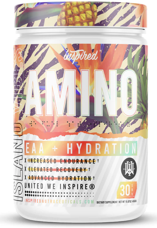 A container of Inspired: Amino EAA + Hydration supplement by Lucky Nutrition with a colorful, zebra-like pattern design.