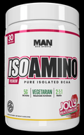 A container of MAN Sports IsoAmino, a pure isolated BCAA powder with a label indicating 5g L-Leucine, 2500mg L-Valine, and 1250mg L-Isoleucine, and 30 servings. The container also highlights the vegetarian, gluten-free, and jelly-flavored aspects of the product.