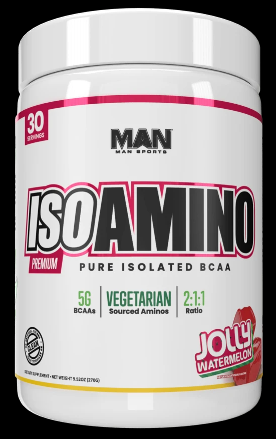 A container of MAN Sports IsoAmino, a pure isolated BCAA powder with a label indicating 5g L-Leucine, 2500mg L-Valine, and 1250mg L-Isoleucine, and 30 servings. The container also highlights the vegetarian, gluten-free, and jelly-flavored aspects of the product.