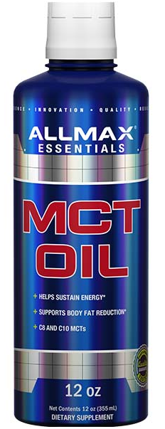 A bottle of Allmax MCT Oil in blue with red and white text, indicating the product is a dietary supplement with 12 oz volume.