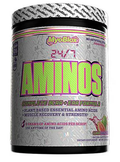 A container of MyoBlox 24/7 Aminos, which is a powdered supplement for muscle recovery and strength, featuring a pink and black design with text and branding.