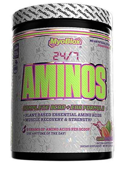 A container of MyoBlox 24/7 Aminos, which is a powdered supplement for muscle recovery and strength, featuring a pink and black design with text and branding.