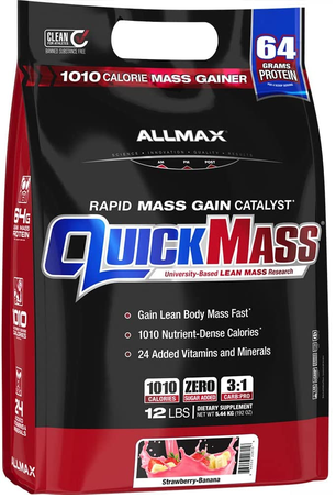Allmax QuickMass 100% Lean Mass Gain, showing the product label with red and black color scheme, highlighting the key features like 1010 calories per scoop, 3g of sugar per scoop, and the nutrient blend including sweet potato, oat fiber, and quinoa.